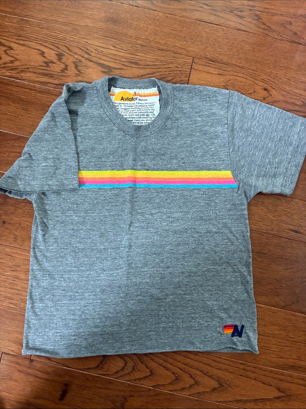 Aviator Nation Heather Gray Tee with Rainbow Chest Stripe Size Small